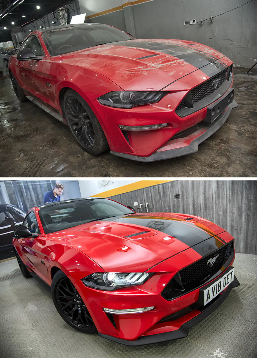 car detailing comparison between before and after condition of a red mustang gt at demnok restorations lahore pakistan
